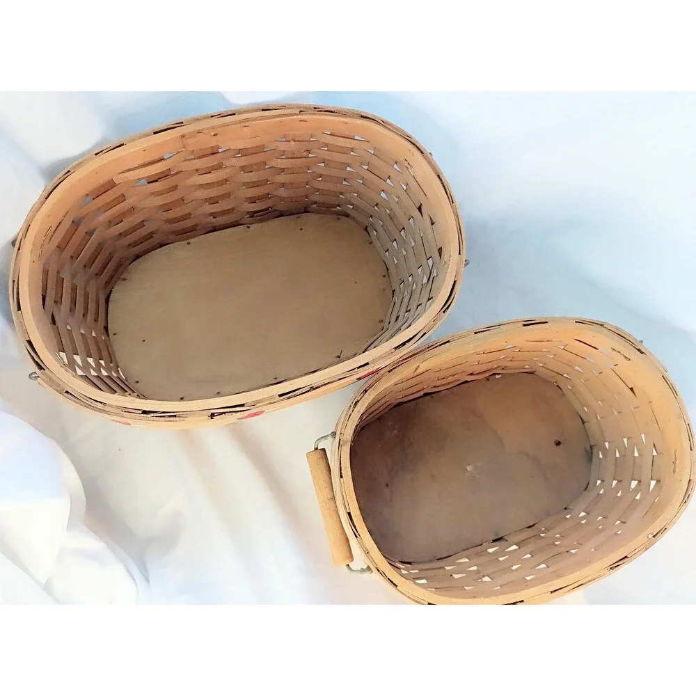 Pair of Vintage Oval Baskets with Handles and Painted Apples